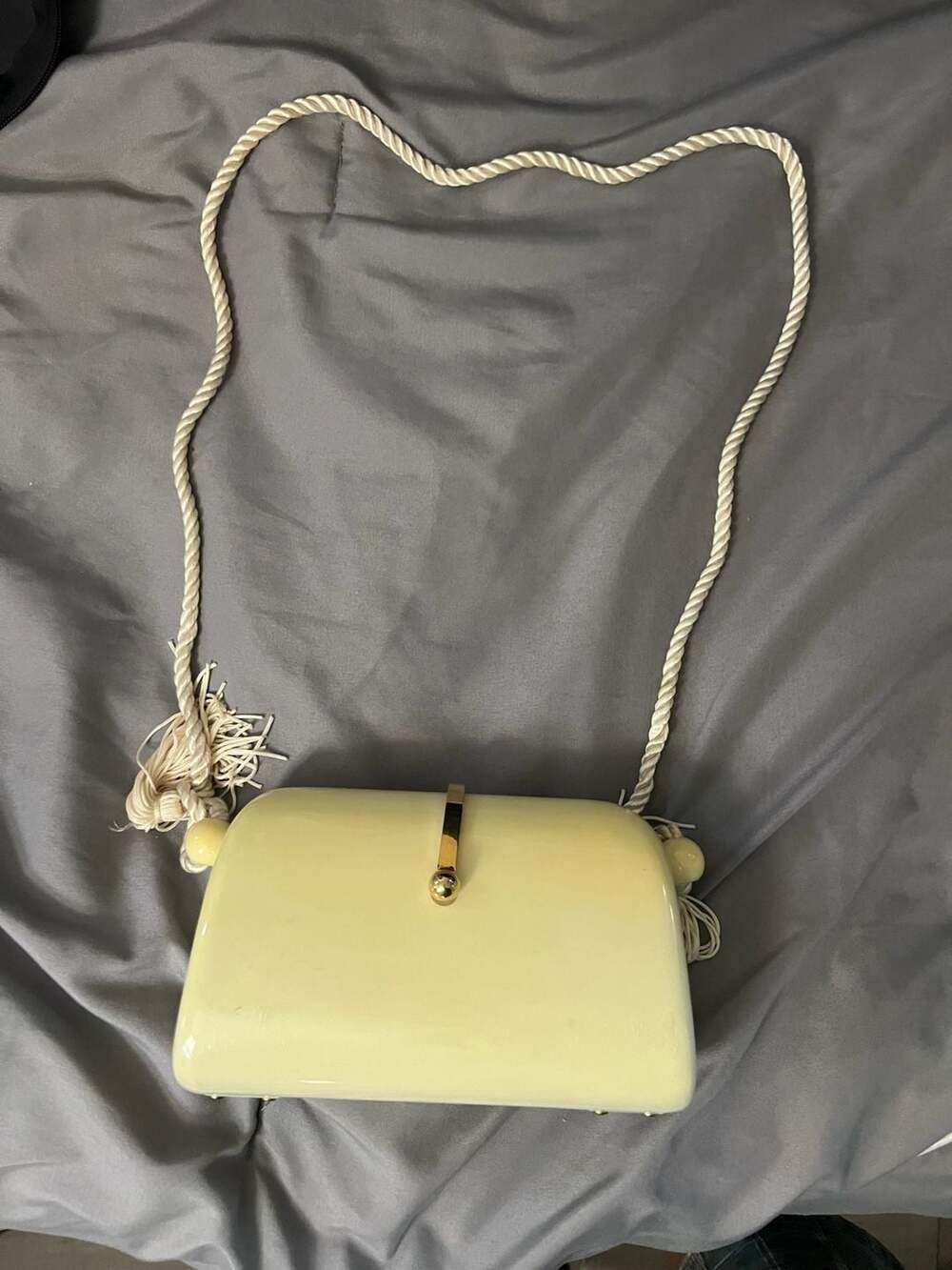 Vintage 1950s Cream Lucite Box Purse with Rope Tassel Strap